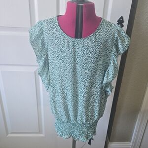 Pleione Green‎ Smocked Flutter Sleeve Blouse